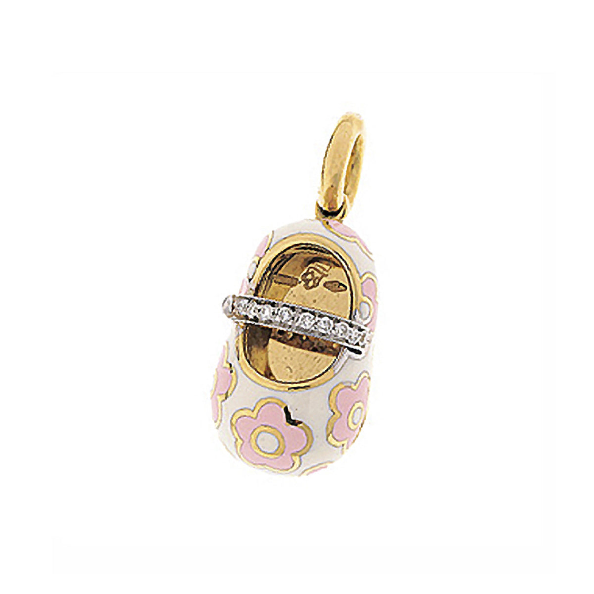 18K Yellow Gold & White Shoe Charm with Pink Flowers