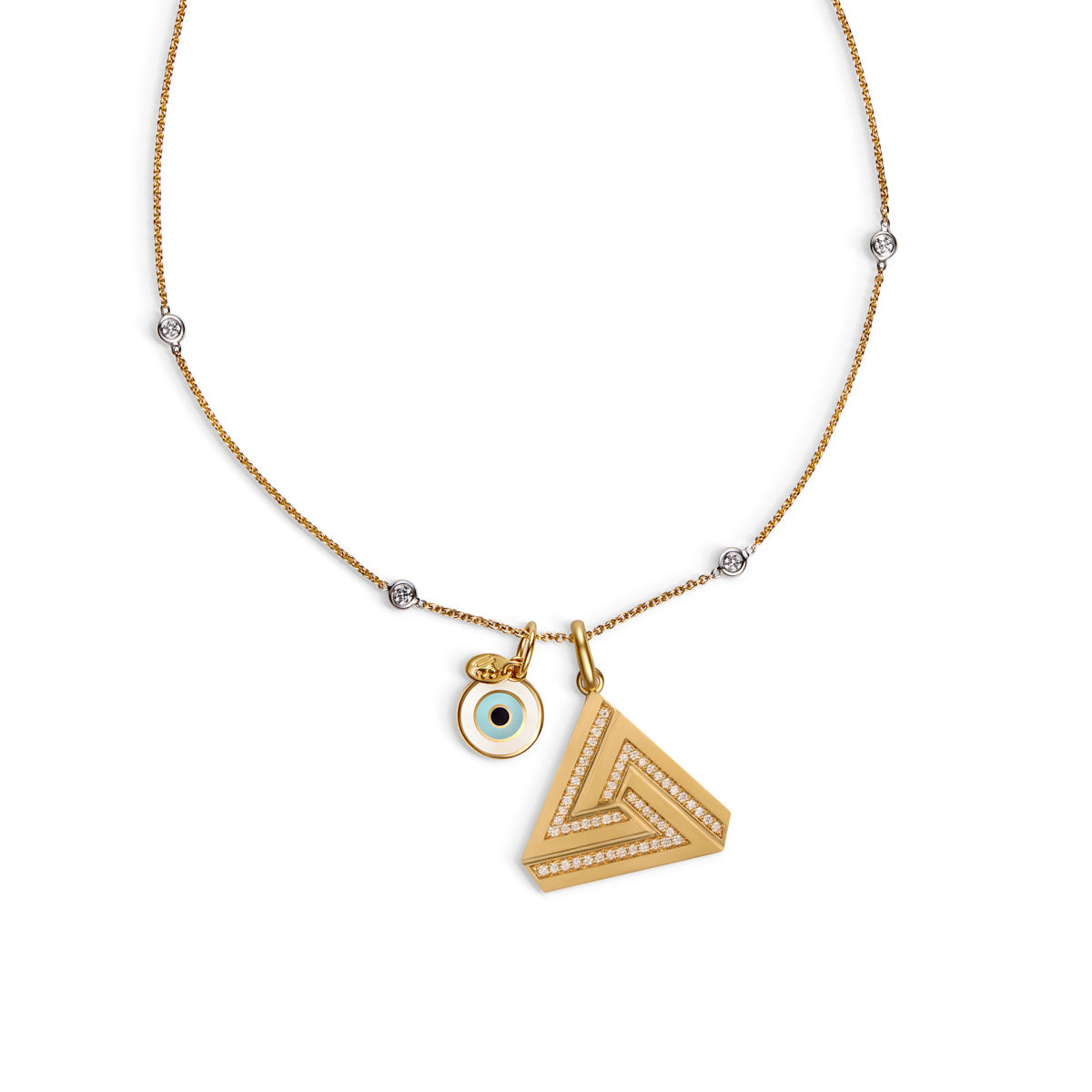 18K Small Abracadabra with Diamonds paired with Diamond Chain & Double Sided Enamel Eye.  All in 18K.