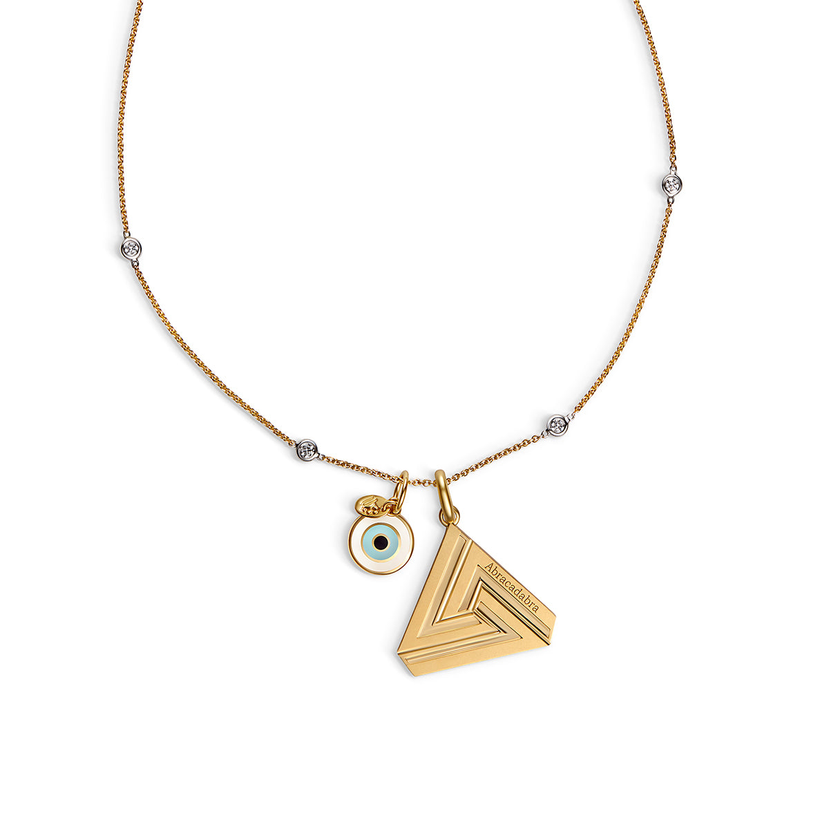 18K Simple Series 1 Triangle perfectly paired with our 18K Charm and Diamond Chain.  