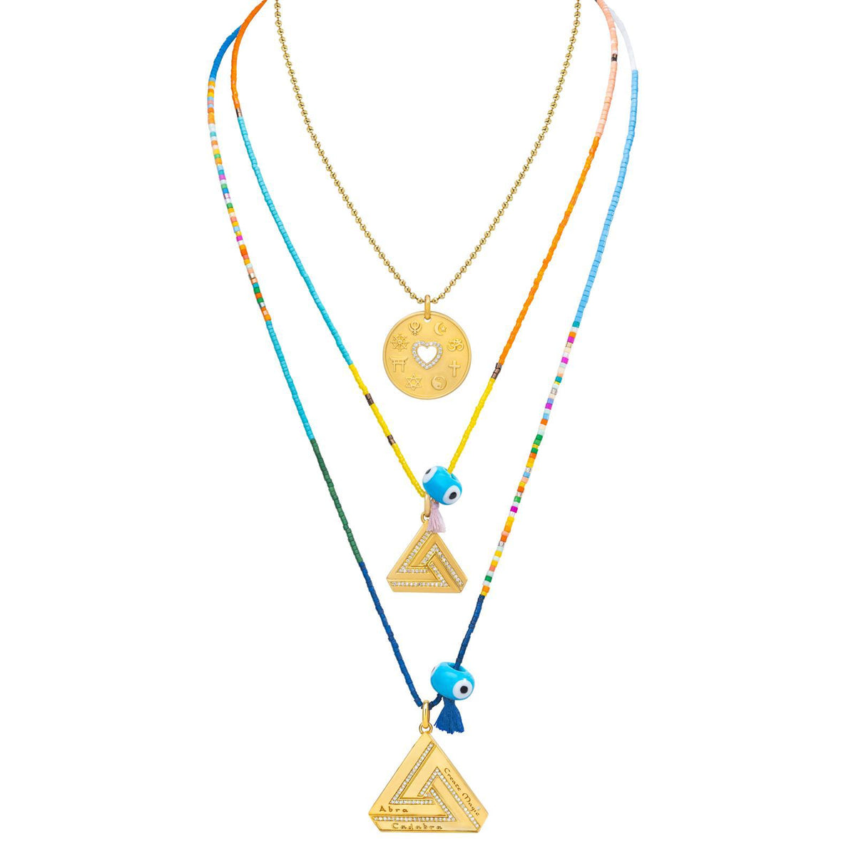 Necklace Stack Featuring Love is My Religion with Small & Large Abracadabra.