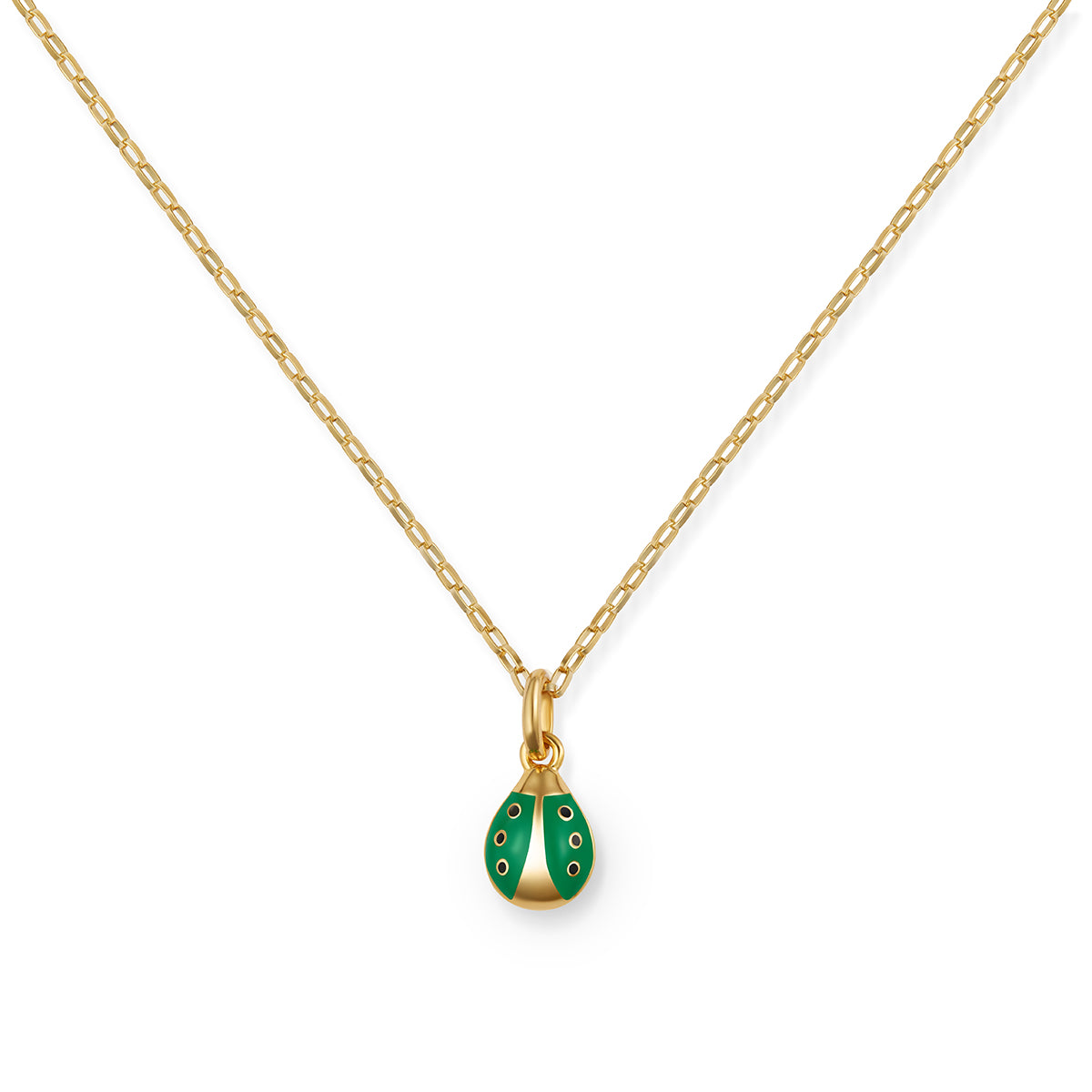 Ladybug Girls Vermeil Charm Green Enamel on Vermeil Link Chain