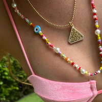 Small Abracadabra Triangle Series 5 on Vermeil Faceted Ball Chain Layered with  Colorful and Fun Beaded Eye Necklace.