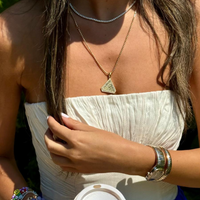 Small Abracadabra Triangle Series 5 on Vermeil Long Faceted Ball Chain. Styled to perfection.