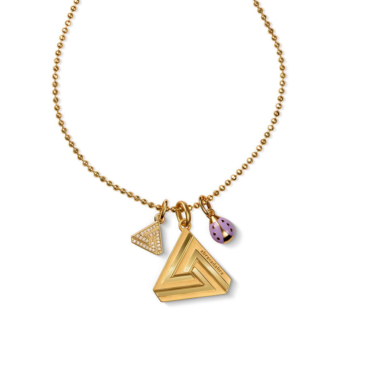 The Small Simple Series 1 Abracadabra Triangle is perfectly paired with the Mini Melissa &  Ladybug Charm on Vermeil Faceted Chain.
