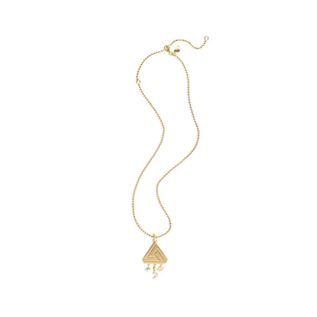 Small Abracadabra Triangle Simple Series 6 with celestial hanging motifs paired perfectly on Vermeil Faceted Chain.