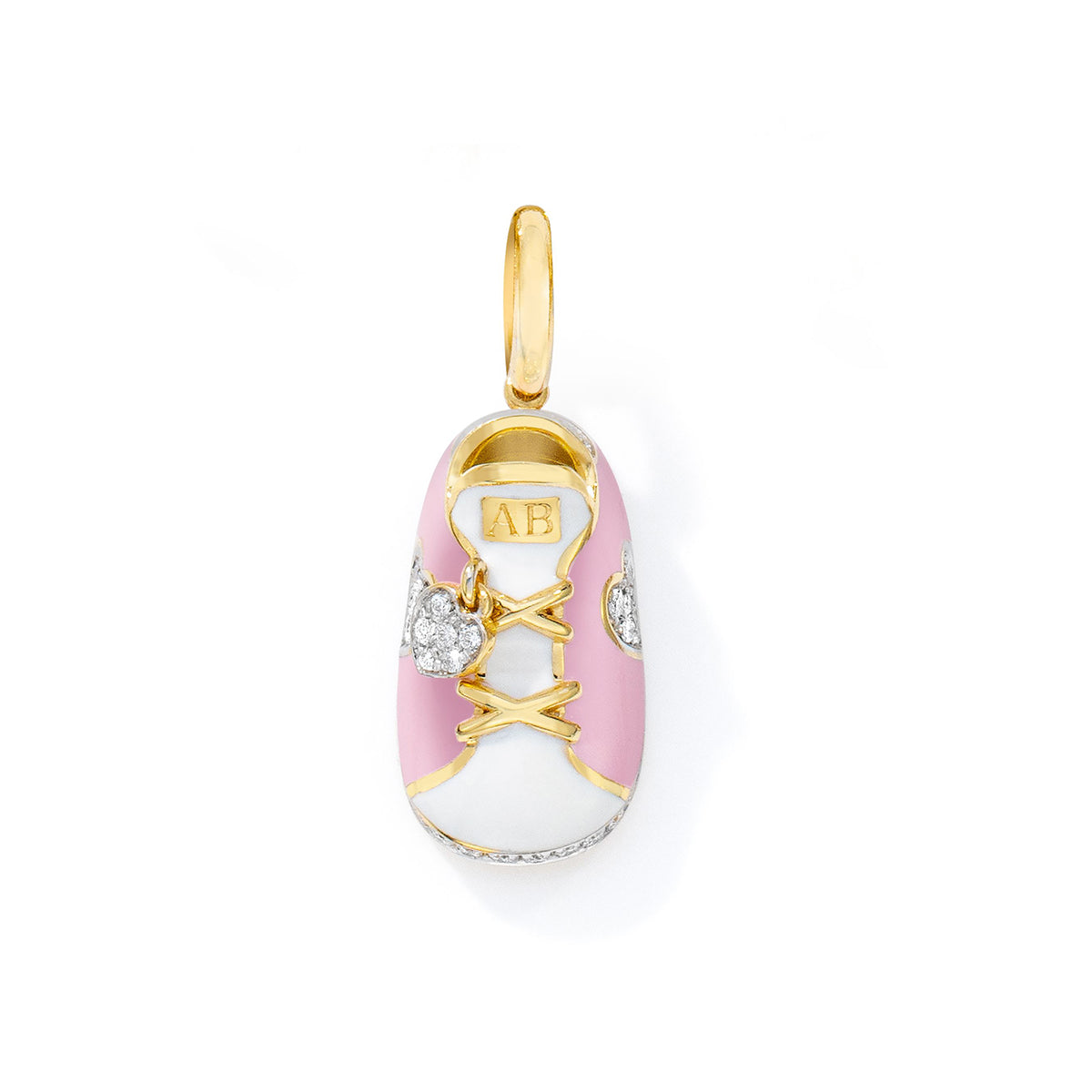 18K Yellow Gold Pink/White Sneaker with Diamond Heart & Sole