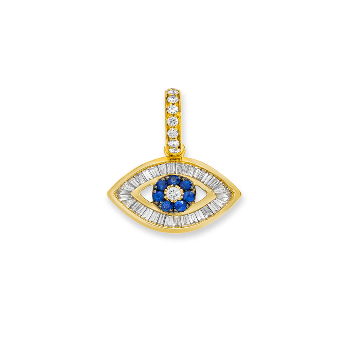Baguette Diamond Evil Eye Charm in Yellow Gold with Blue Sapphires