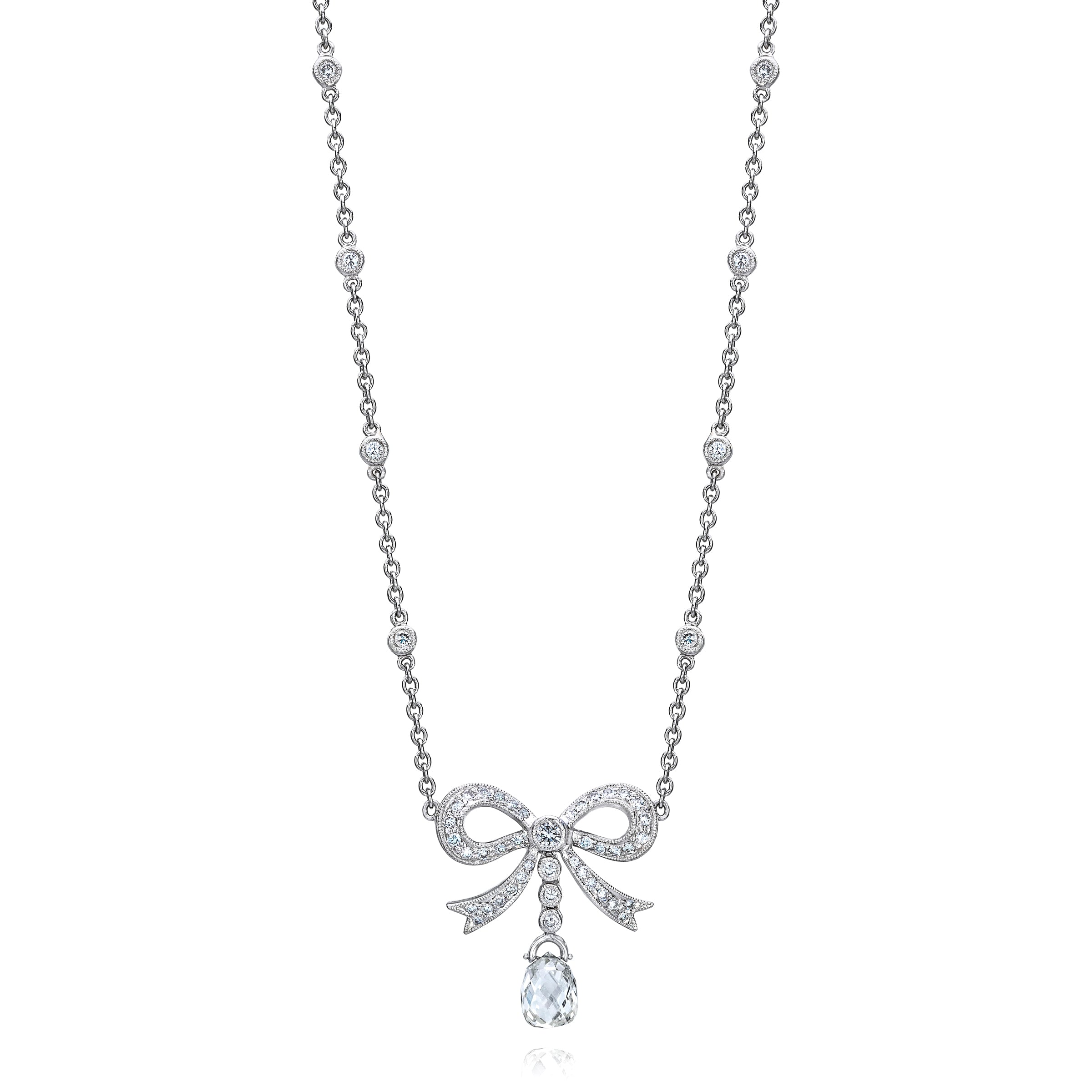 diamond pave bow necklace with briolette drop