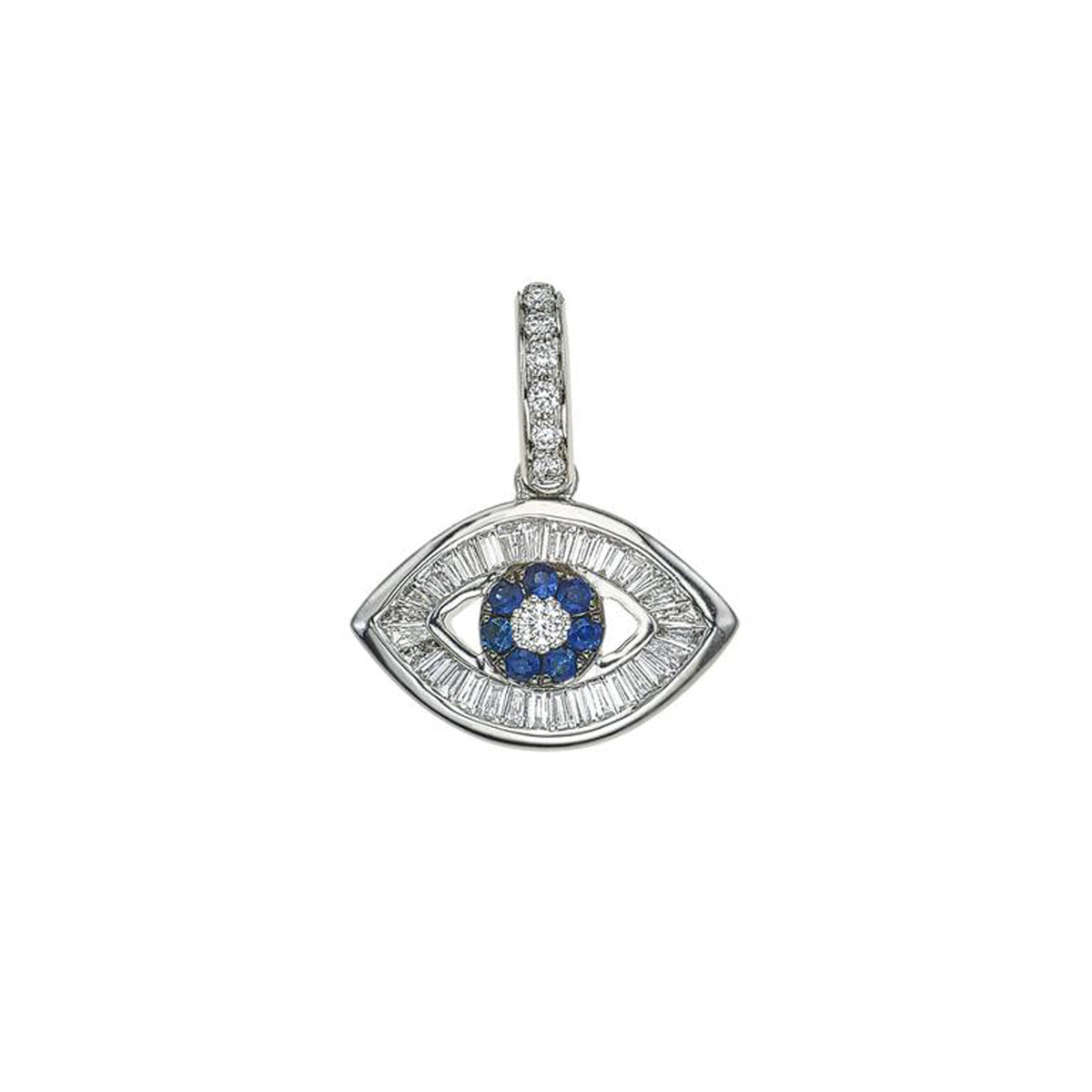 Baguette Diamond Evil Eye Charm in White Gold with Blue Sapphires