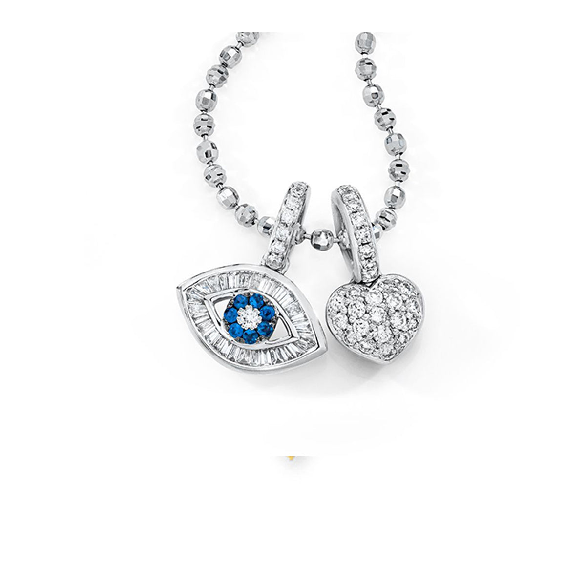 18K Small Baguette Evil Eye Charm with Pave Heart on Necklace - Charms & Necklace sold separately