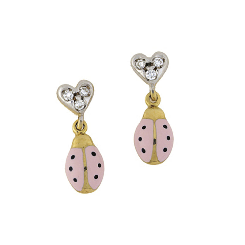 Diamond Heart Ladybug Hanging Earrings