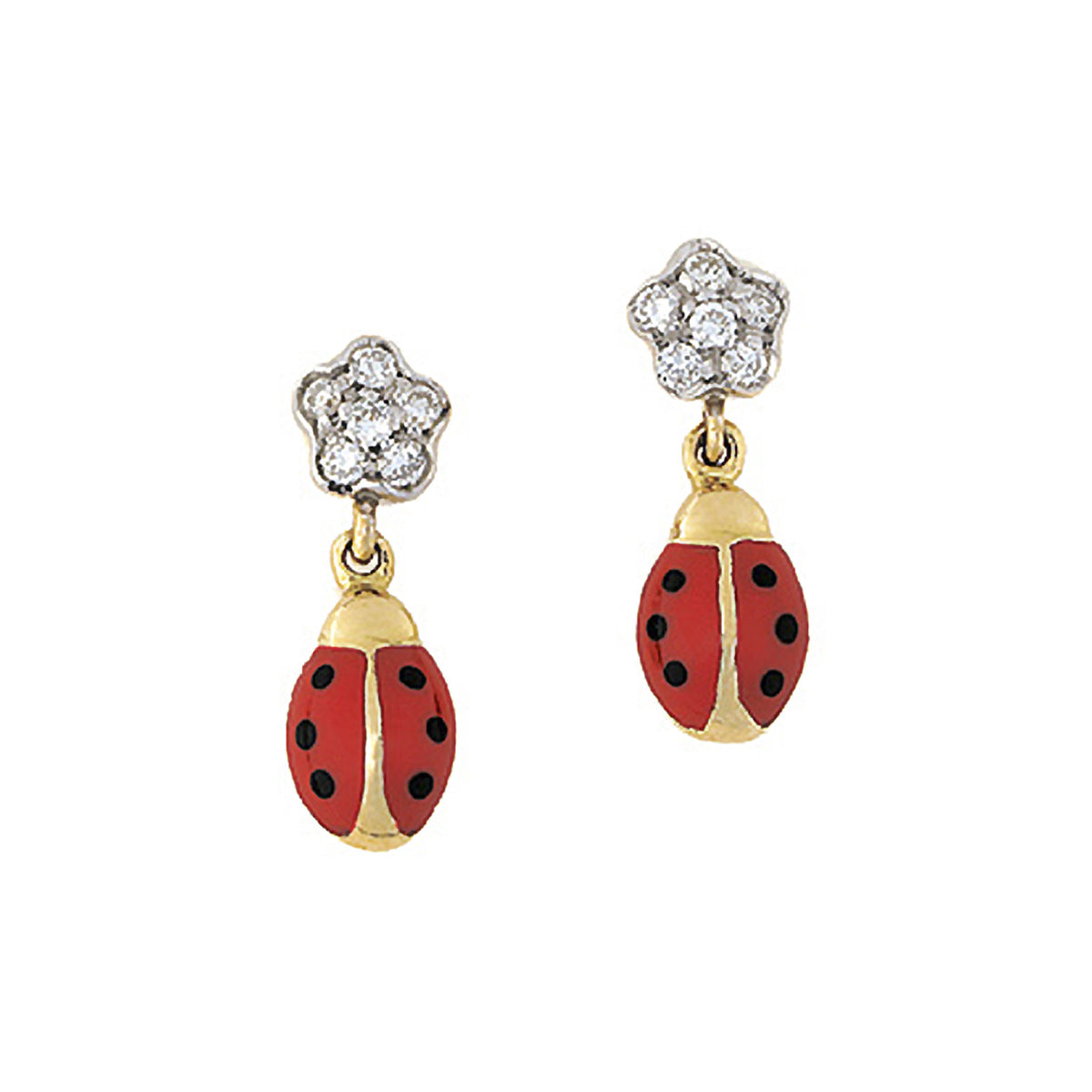 Diamond Flower Ladybug Hanging Earrings