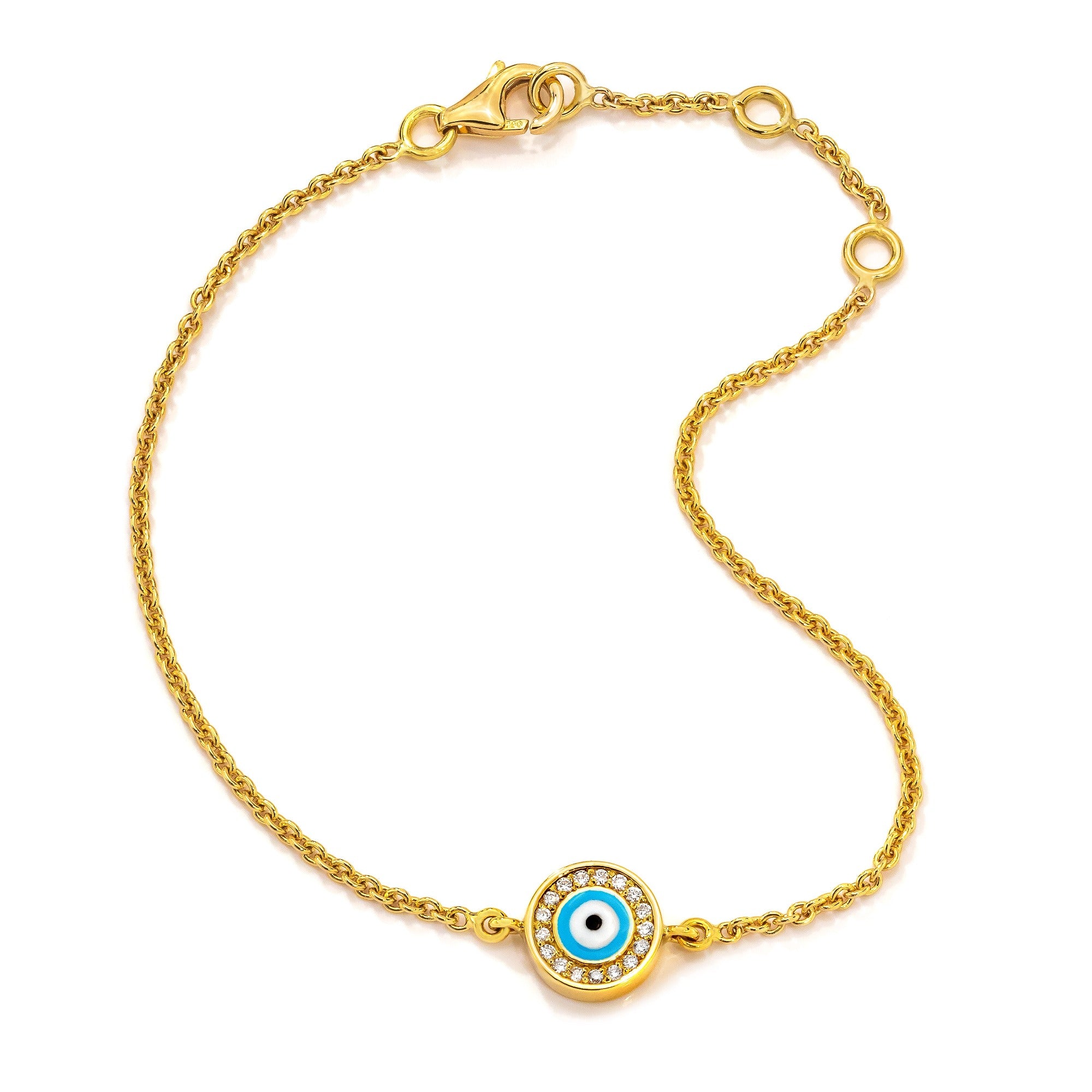 18k Yellow Gold Bracelet with Blue Evil Eye charm with diamond rim