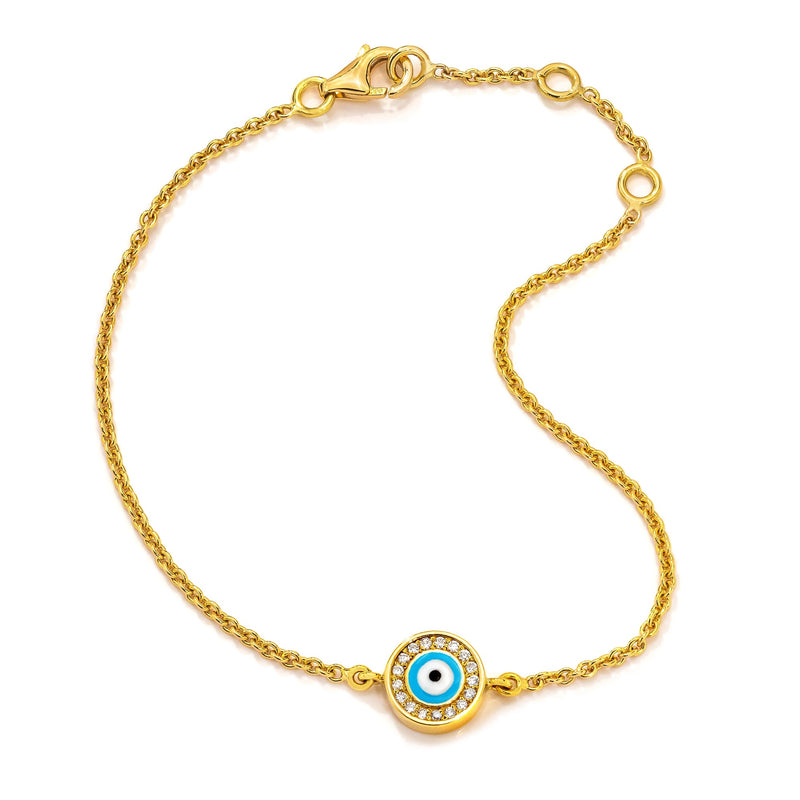 18k Yellow Gold Bracelet with Blue Evil Eye charm with diamond rim