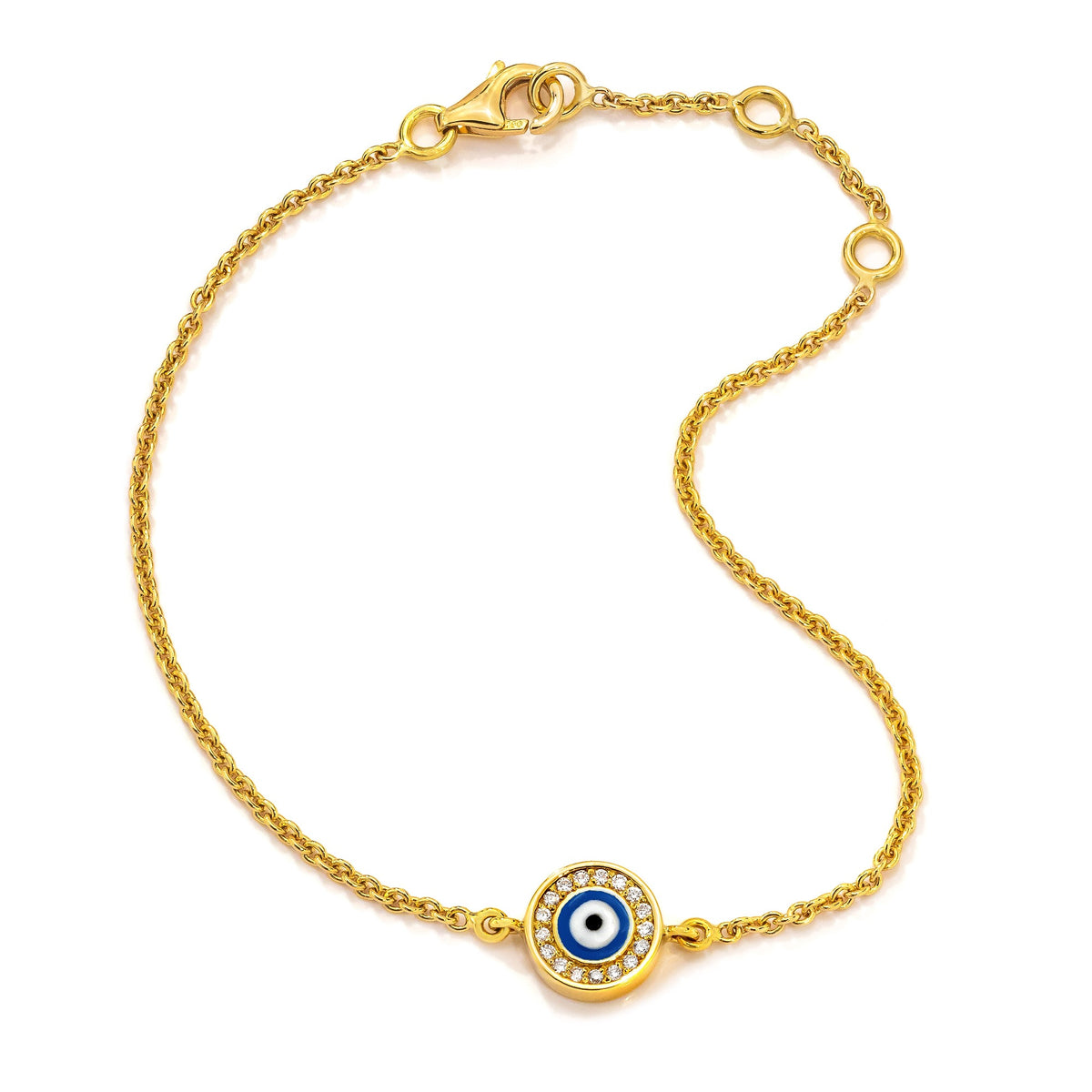 18k Gold Bracelet with a navy evil eye charm with diamond detail.