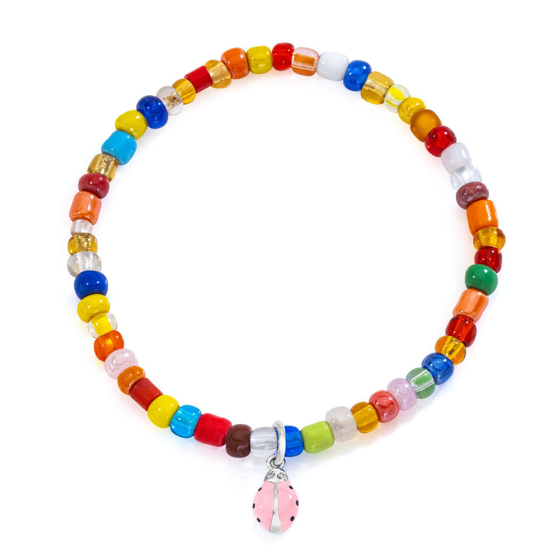 Pink Ladybug on colorful beaded bracelet bundle