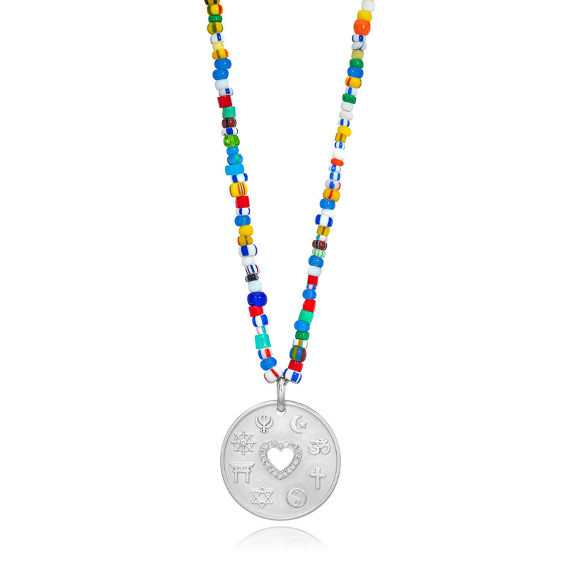 Love Is My Religion Silver on Colorful Beaded Chain