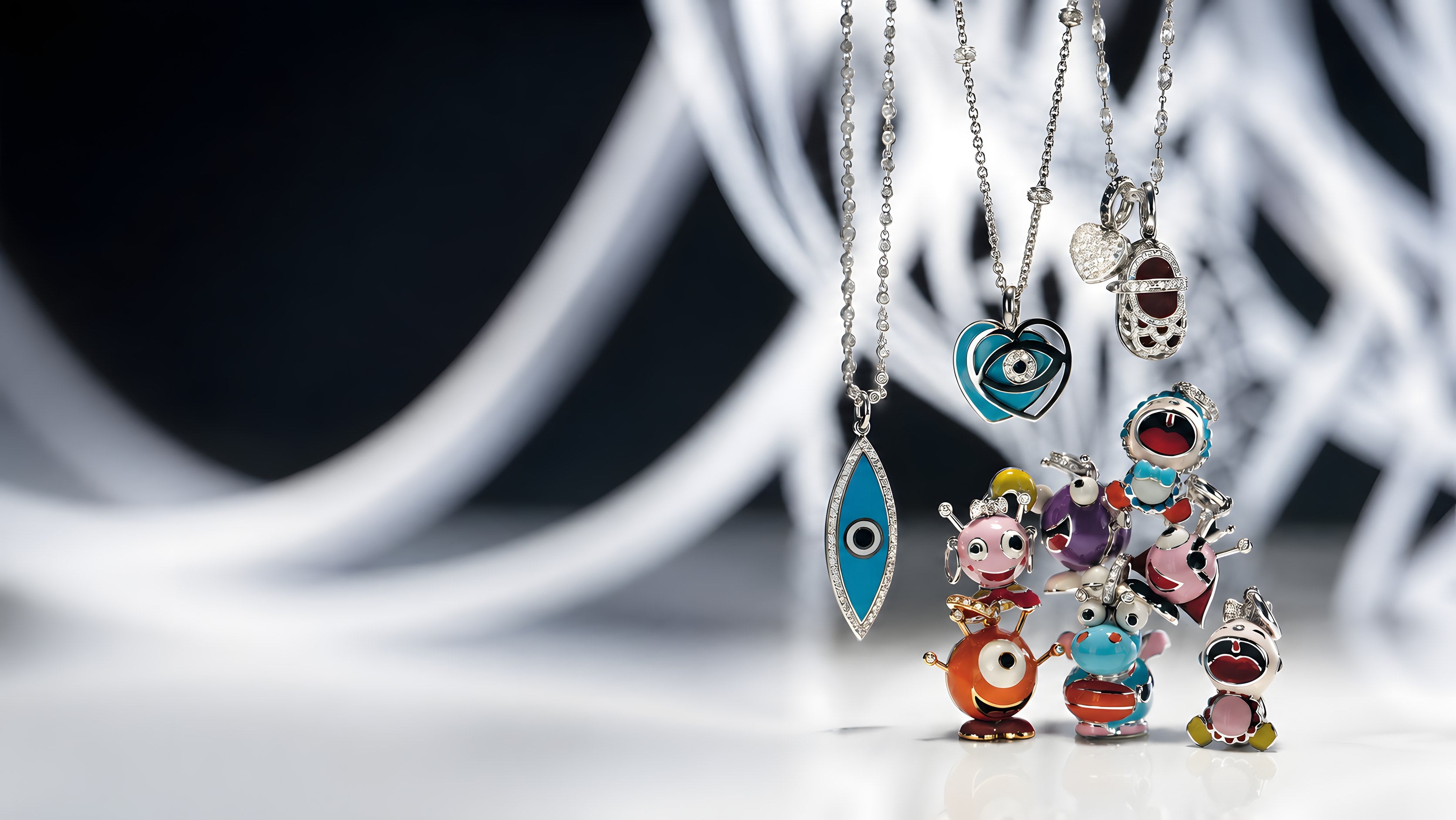 Aaron Basha enamel and diamond charms on white gold chains